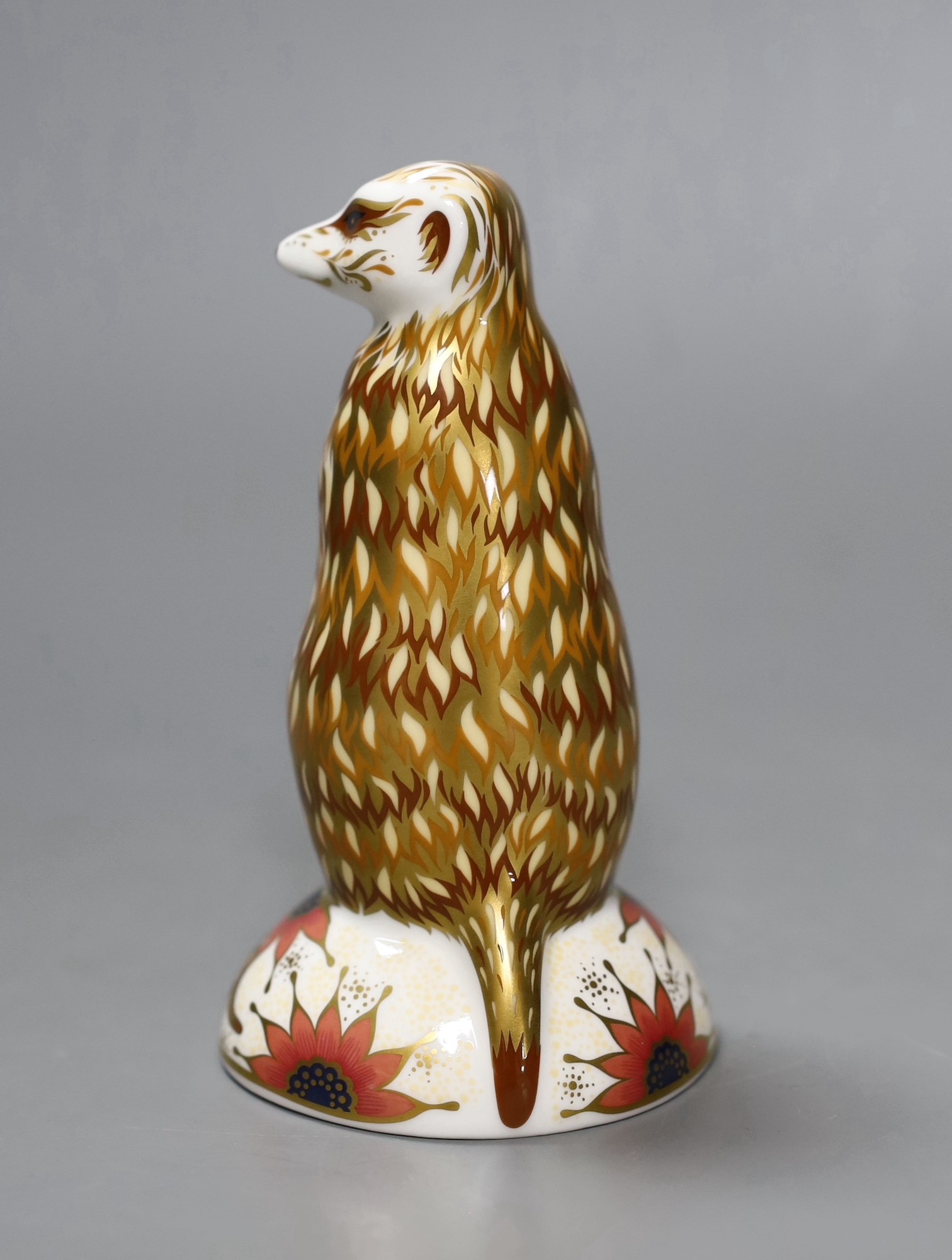 A Royal Crown Derby paperweight - Meerkat, gold stopper, boxed, no certificate.